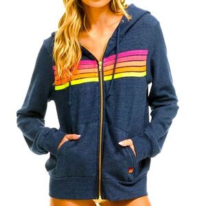 Aviator Nation 5 Stripe Hoodie - Heather Navy // Neon Stripes
